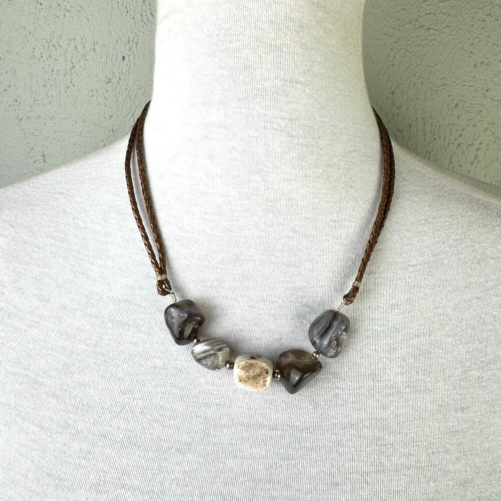 Studio Barse Gray Quartz Stone Bronze Braided Leather Bohemian Short Necklace